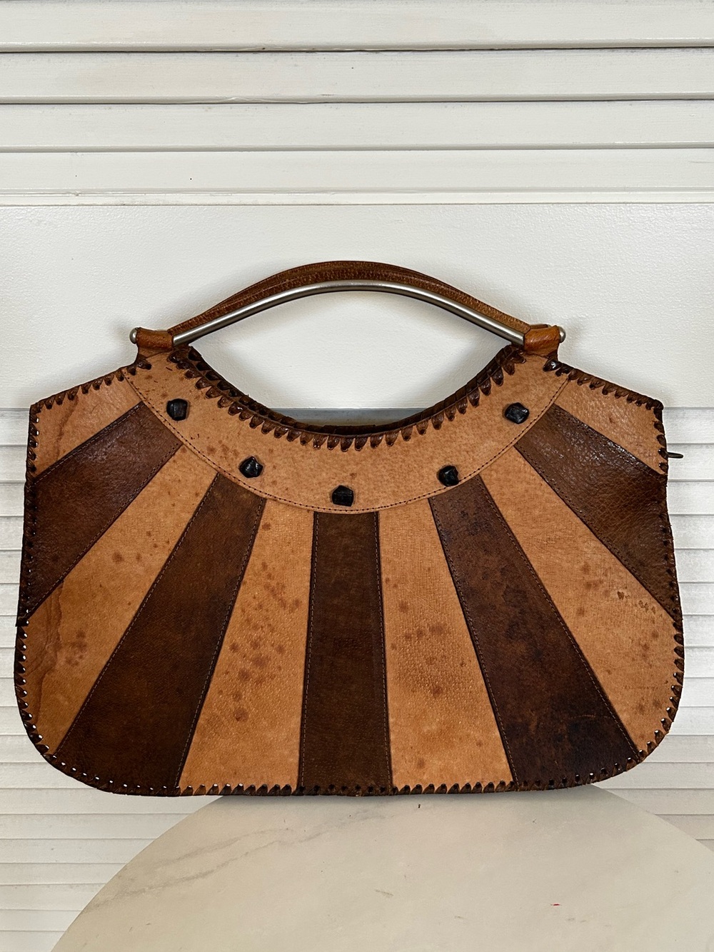 Vintage 70โs Leather Patchwork Sunburst Handbag